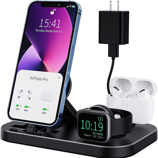 Multi-Device Charging Station for Apple Products - 3-in-1 Dock for iPhone, AirPods, and Apple Watch Series (Includes 15W Adapter and Cable) - Black